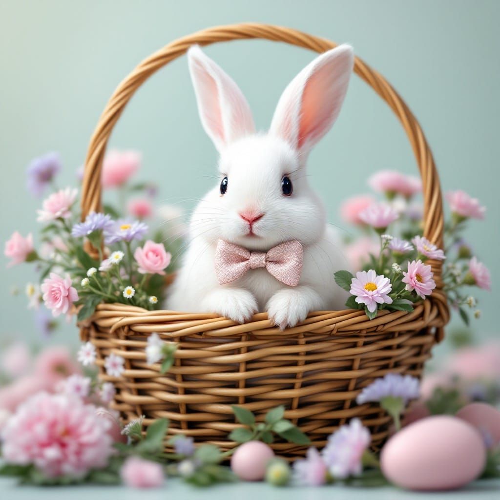Photorealistic Easter Bunny in a Floral Wicker Basket
