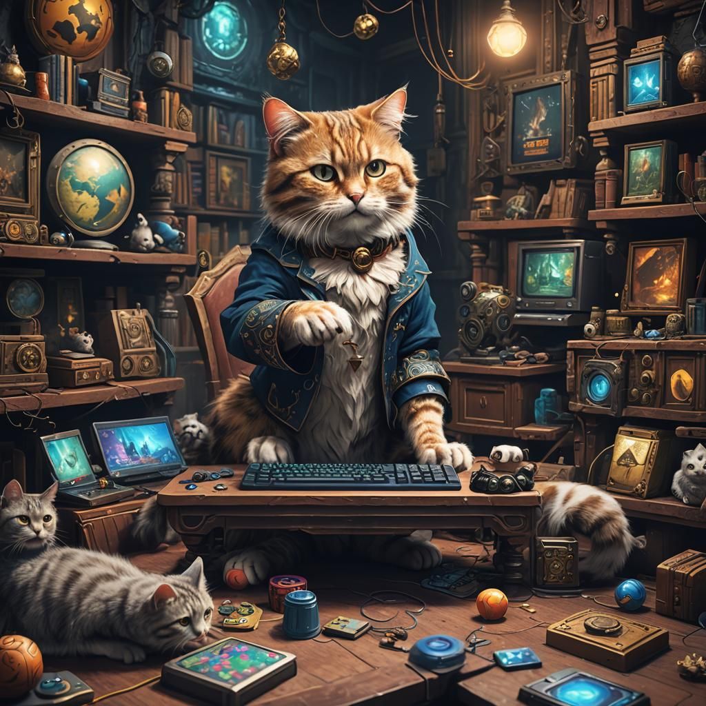 Cat Gamer: Detailed Matte Painting in Deep Color