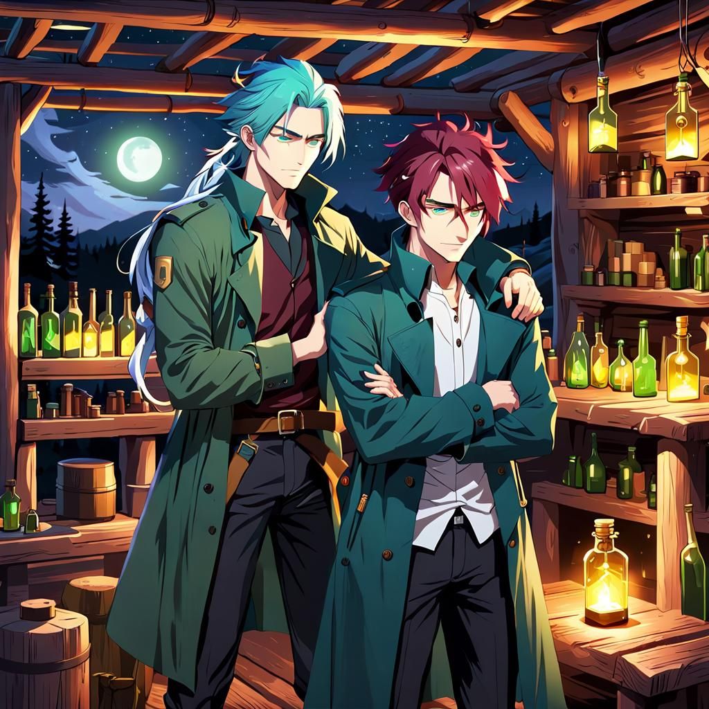 Worried Man Holds Collapsed Friend in Log Cabin