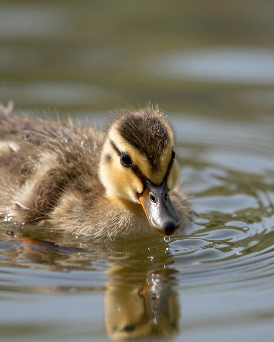 Fluffy Duckling Surfaces for Food in Calm Water