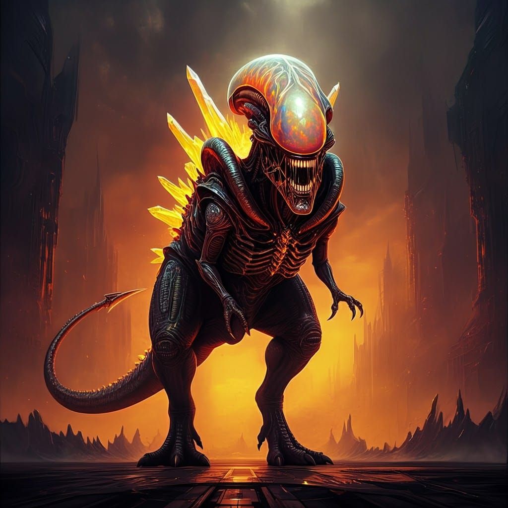 Tyrannosaurus Rex Xenomorph Hybrid with Fire Opal Skin