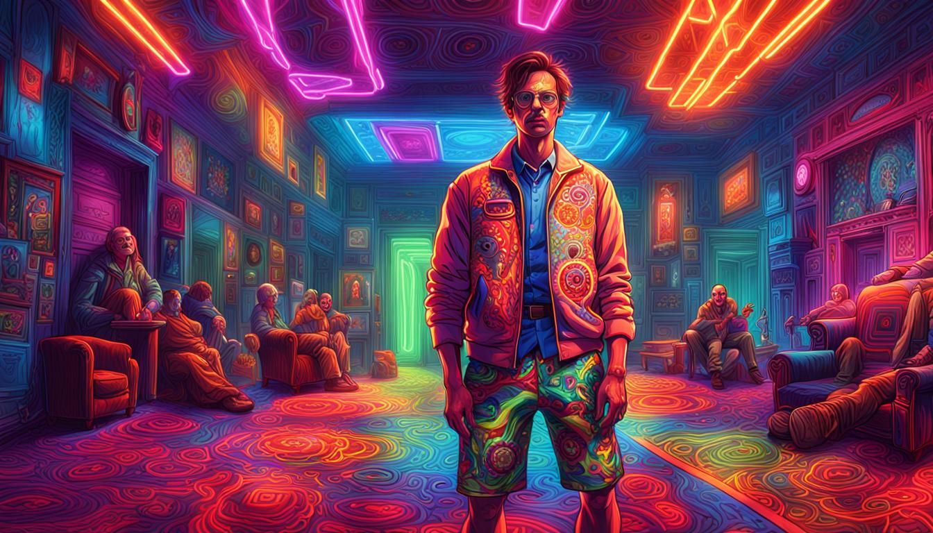 Title: "Psychedelic Psychopath: Neon Nightmare"

Description:
Create an AI-generated image of a hyper-realistic scene fe...