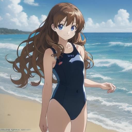 Anime Girl on Beach with Blue Eyes