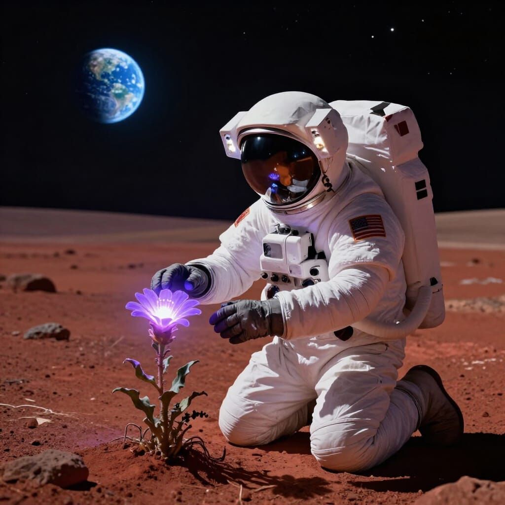Astronaut Tends Glowing Alien Flower on Mars