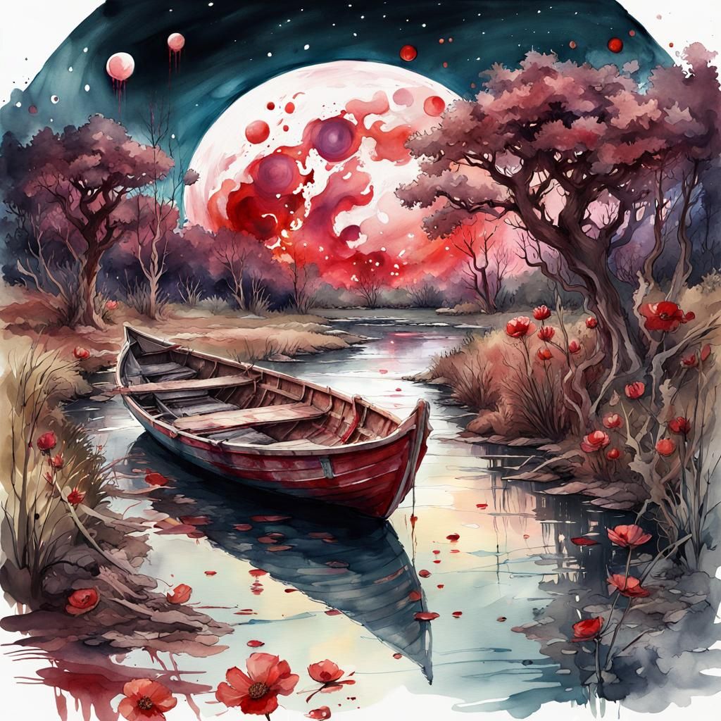 Bloodmoon River: Digital Watercolor Illustration