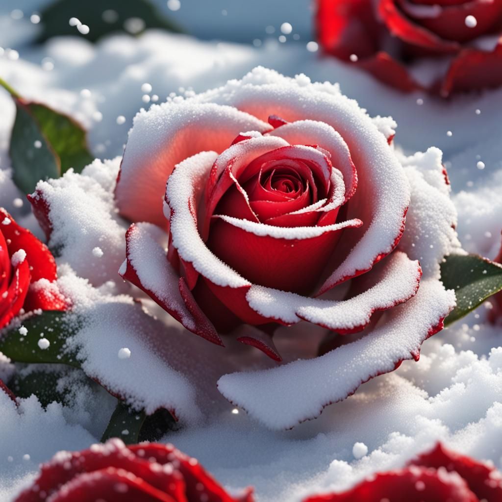 Red Rose in Snow: Hyperrealistic Splash Art