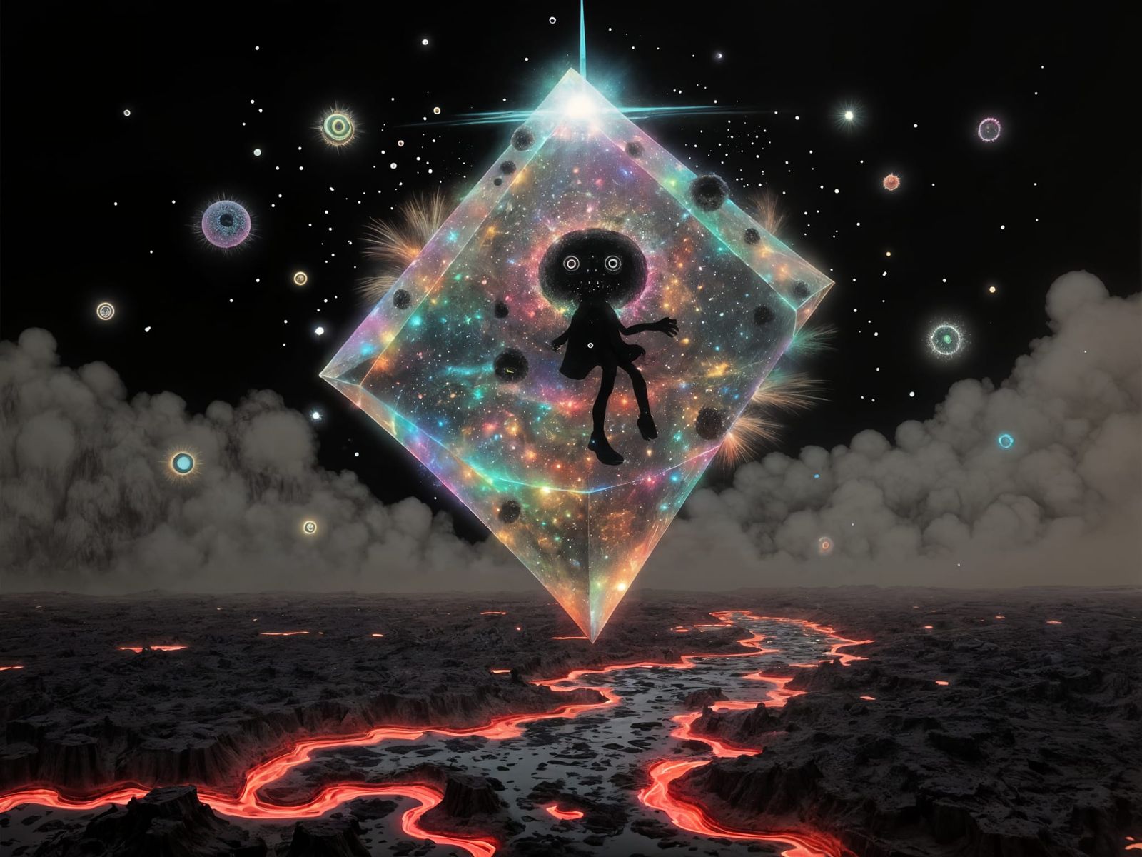 Surreal Diamond Looms Above Lava River, Digital Art