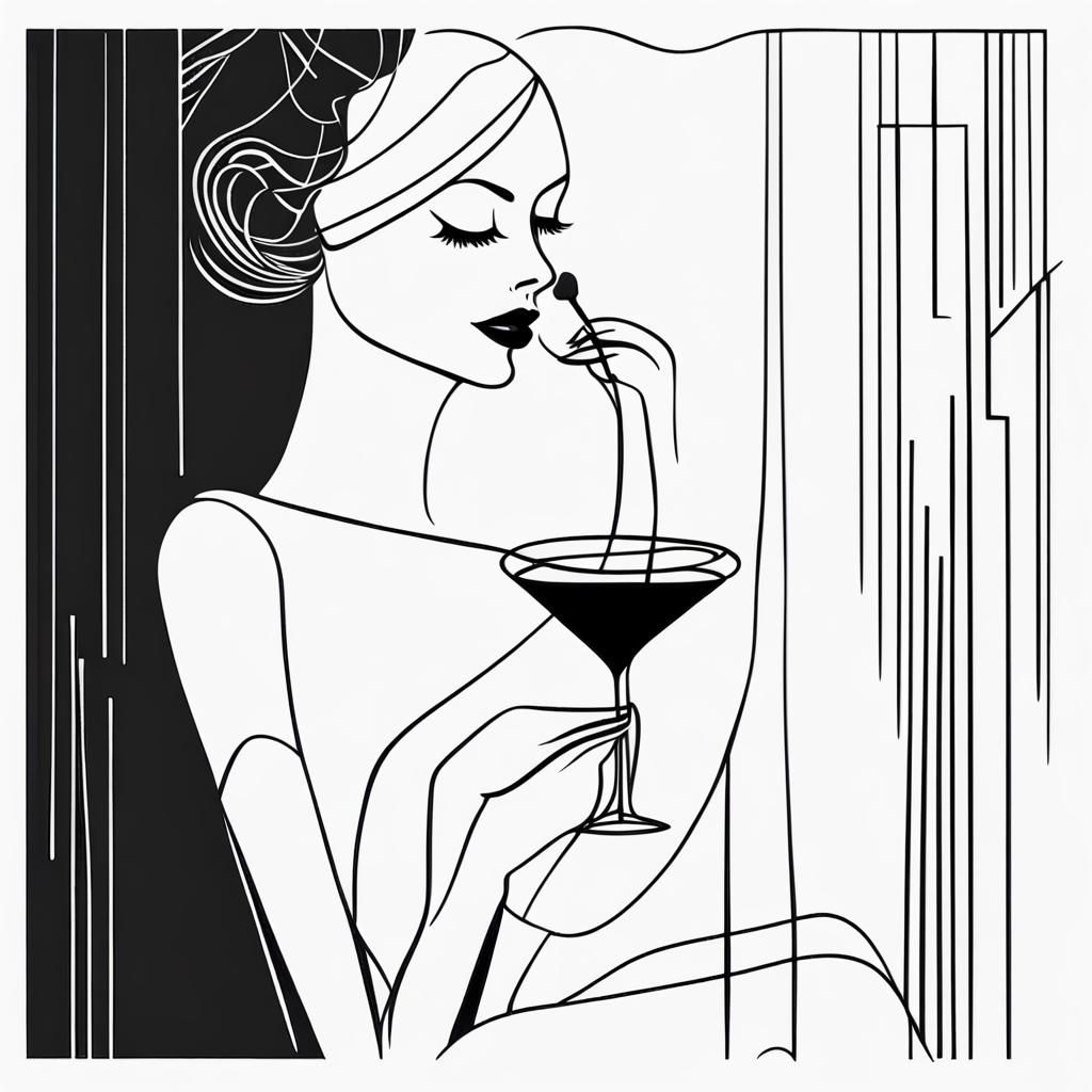 Minimalist Line Art: Lady with Cocktail in Art Deco
