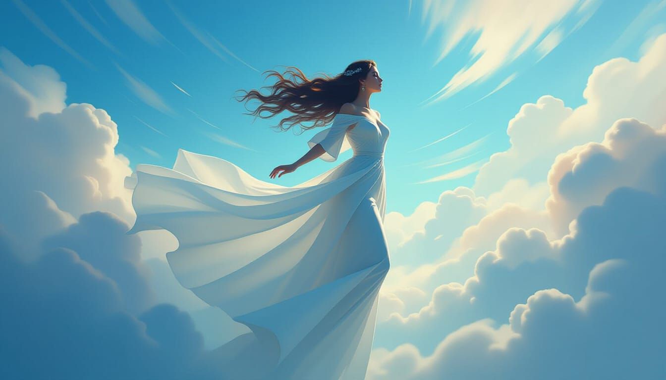 Ethereal Figure Soaring Through Dreamlike Sky