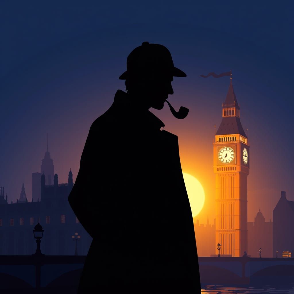 Sherlock Holmes Silhouette Against London Skyline in Dramati...