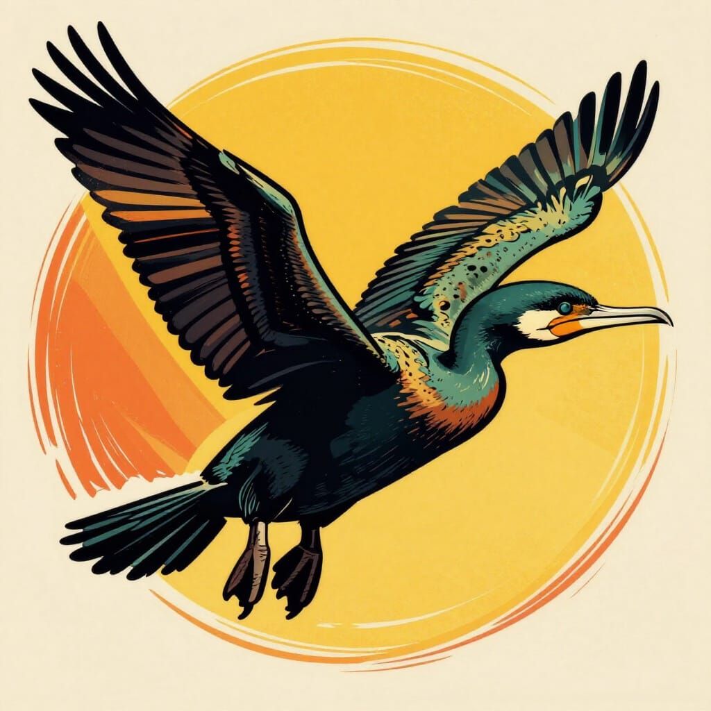 Cormorant in Dynamic Vintage Retro Style Art