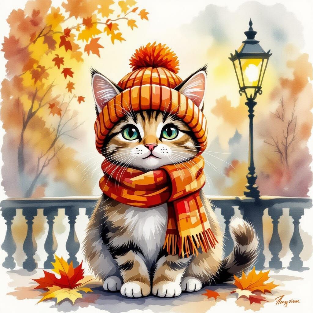 Cat in Knitted Hat & Scarf, Autumn Scene