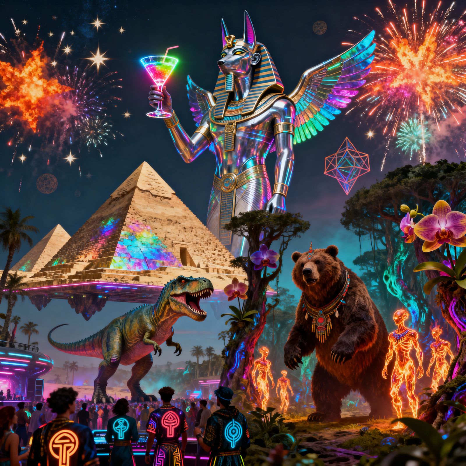 Cyberpunk Pharaoh and Pyramids in a Cosmic Rave