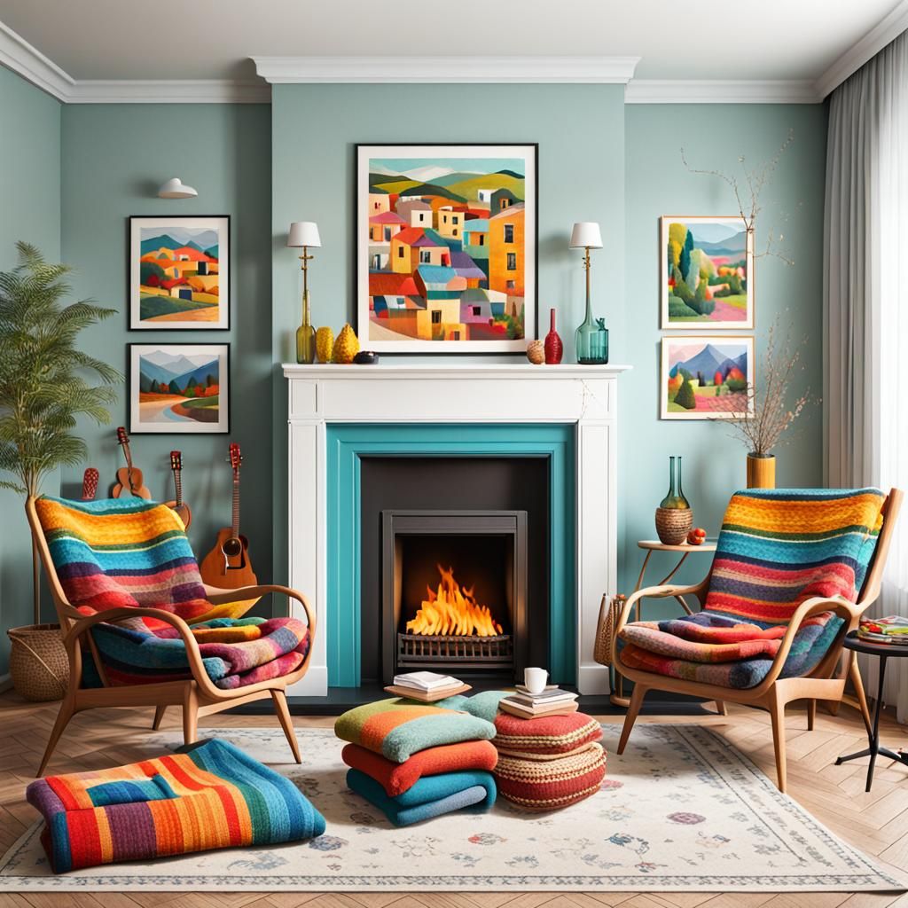 dopaminically cheerful and folk style living room decoration with armchairs with vibrant colored blankets, fireplace wit...
