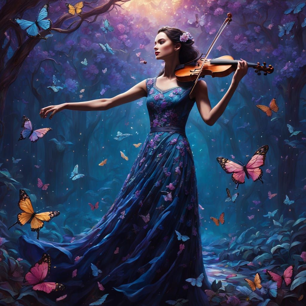 Elegant Woman Amidst Whirling Butterflies in Vibrant Fantasy...