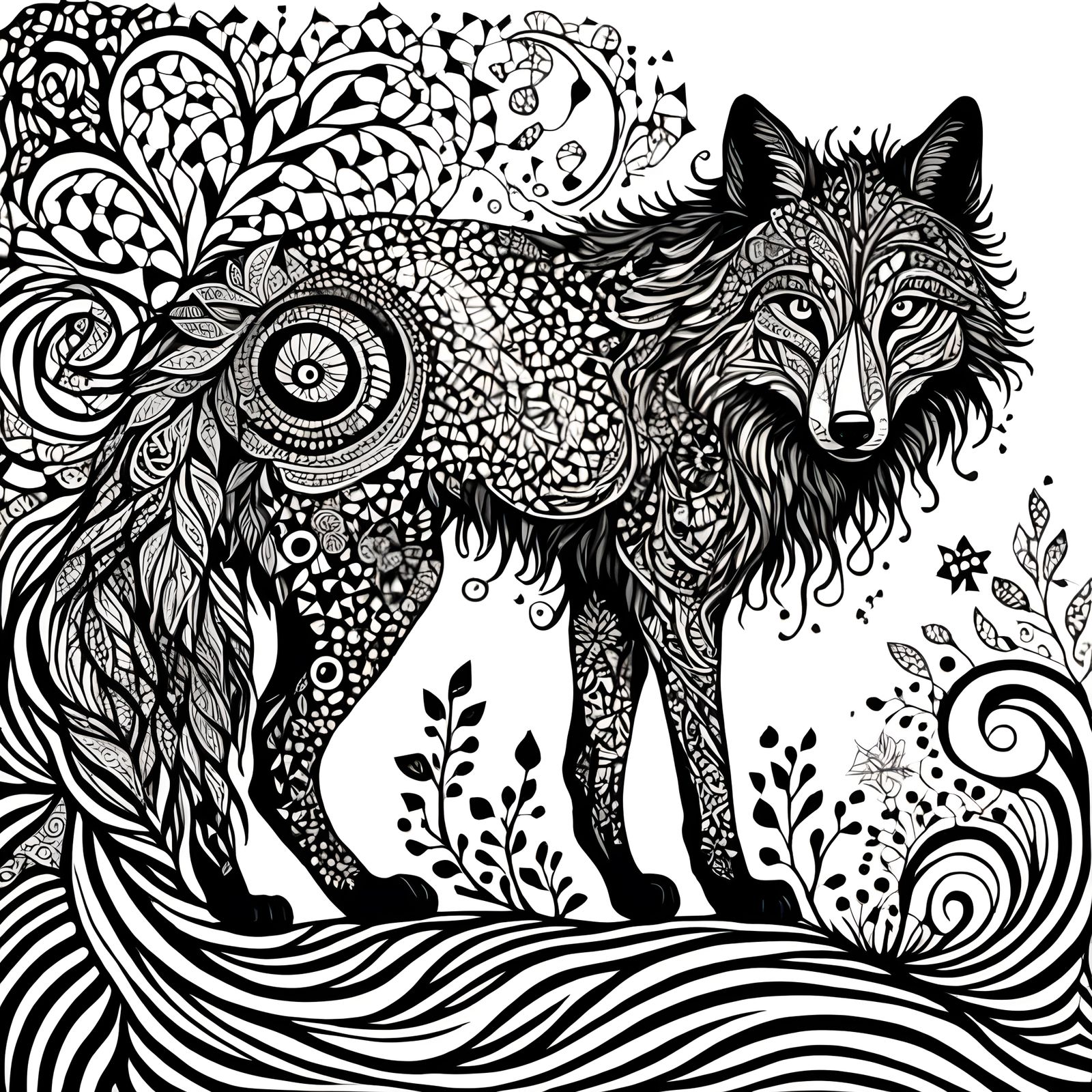 Lone Wolf in Dark Bohemian Zentangle Style