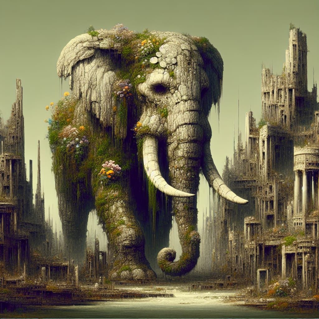 Colossal Stone Elephant in Sunken Brutalist Ruins