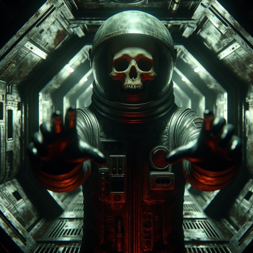 Eerie Spacesuit Skull in Abandoned Spaceship