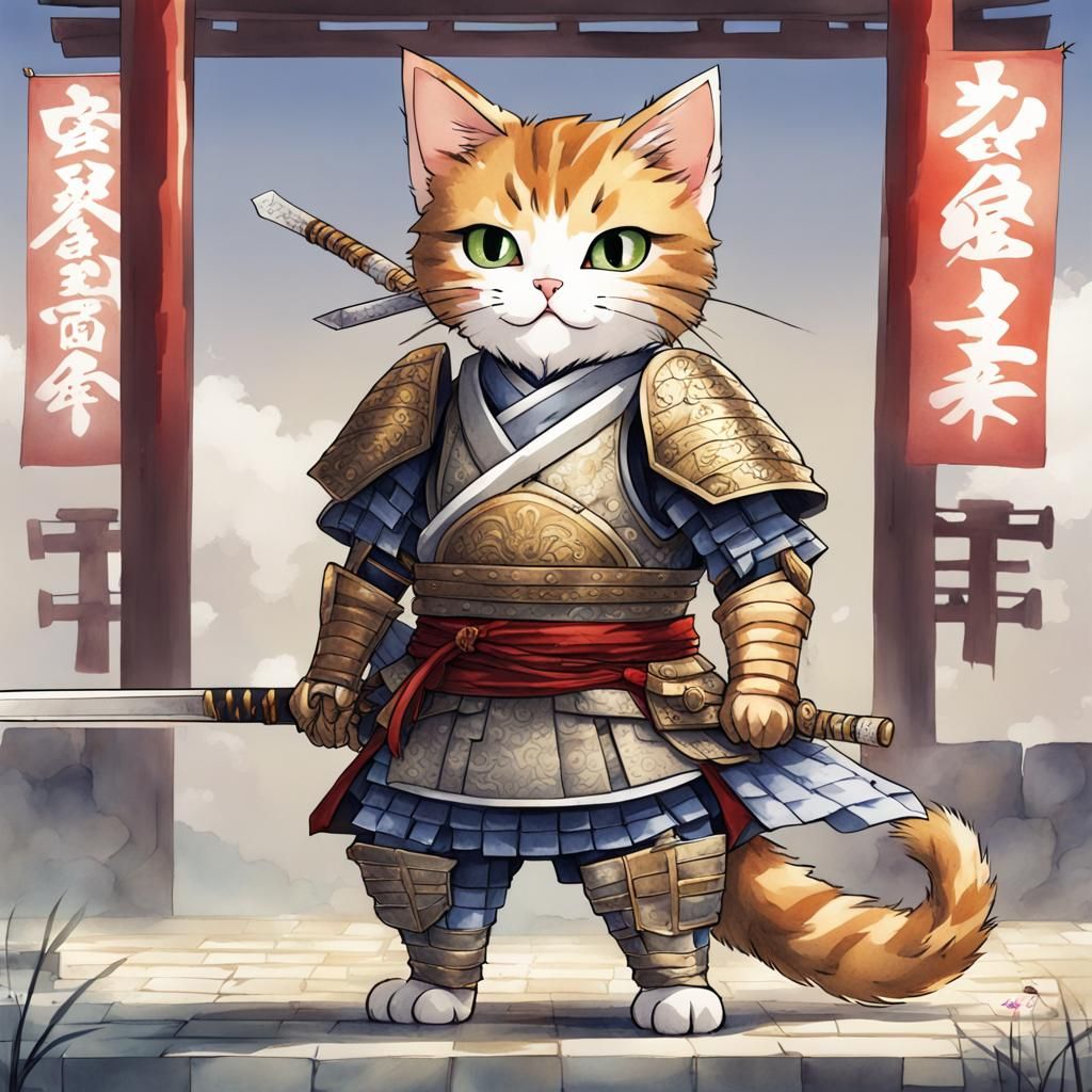Samurai Tabby Cat Guarding Ancient Japan: Anime Art