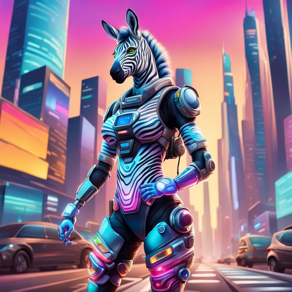 An anthropomorphic furry zebra female cyborg listening to her music and dancing happily, mp3 player in her left hand, ba...