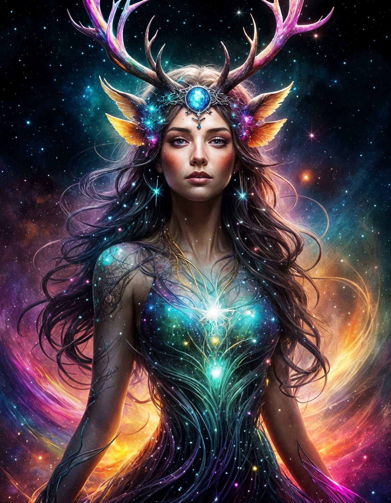 Dryad with Universe Antlers in Expressive Digital Art