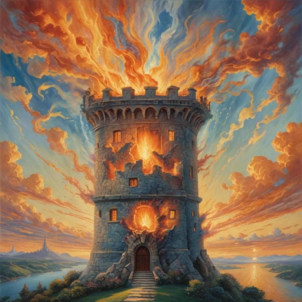 Towering Inferno in Dreamy Surrealist Style