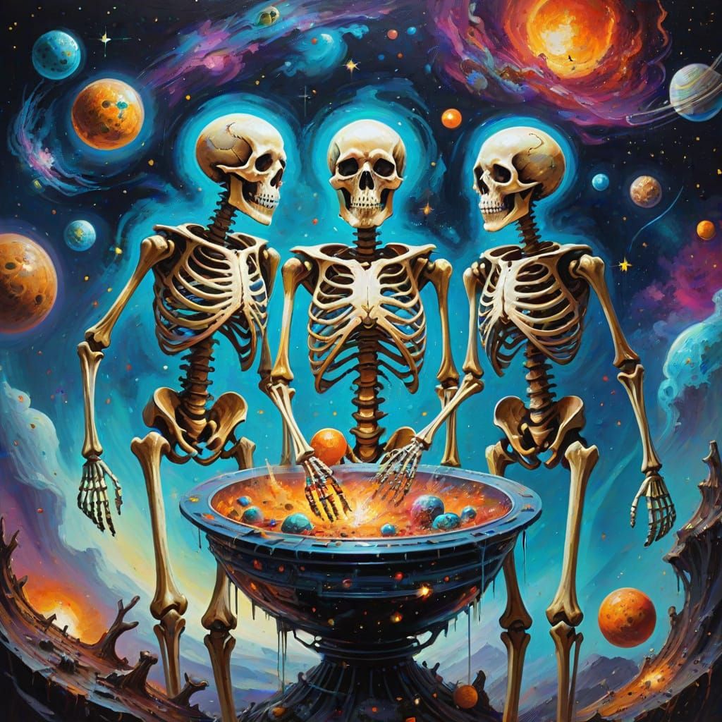 Skeletons in Space: A Vibrant Oil Painting