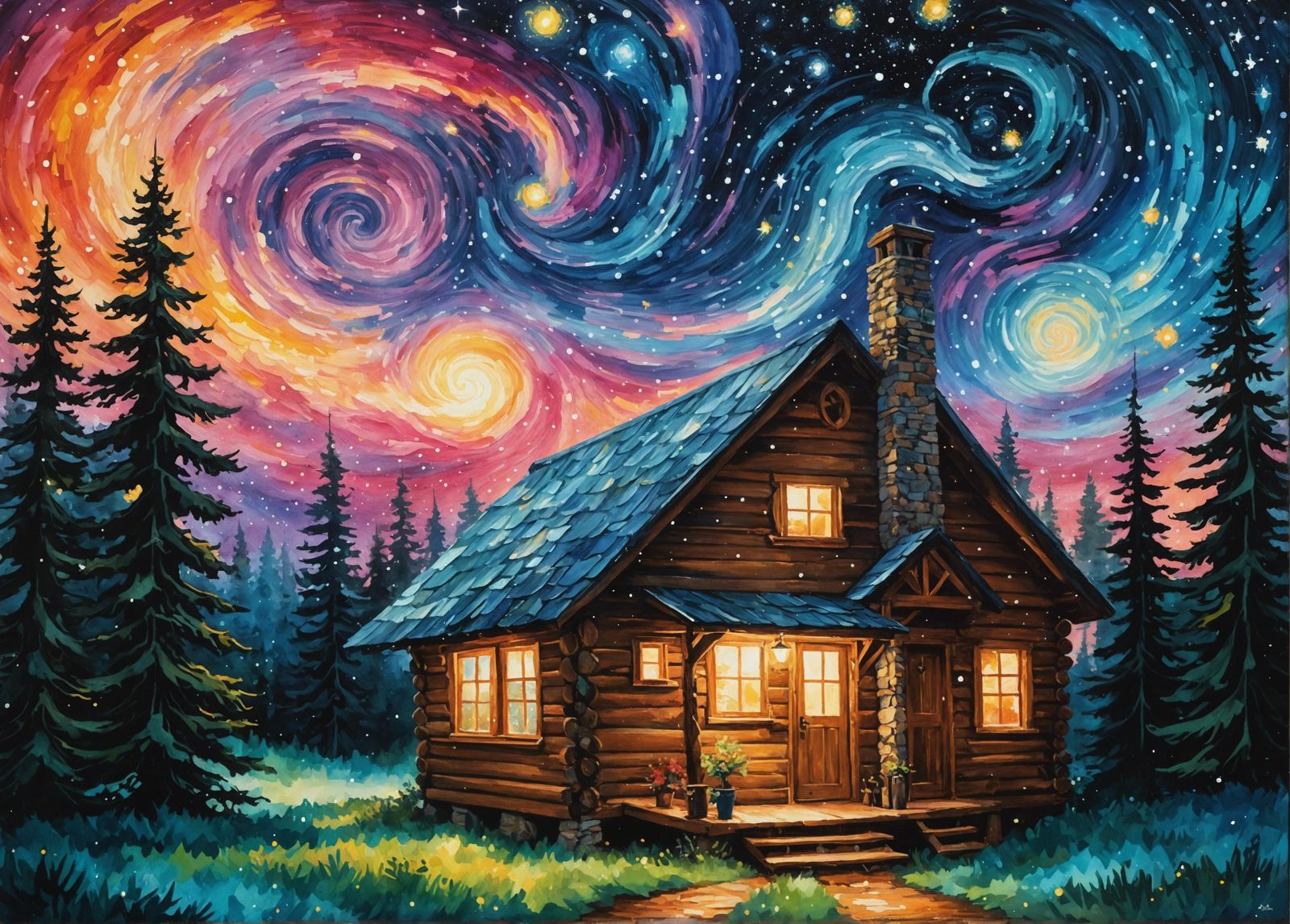 Enchanted Cabin Under a Swirling Starry Night Sky