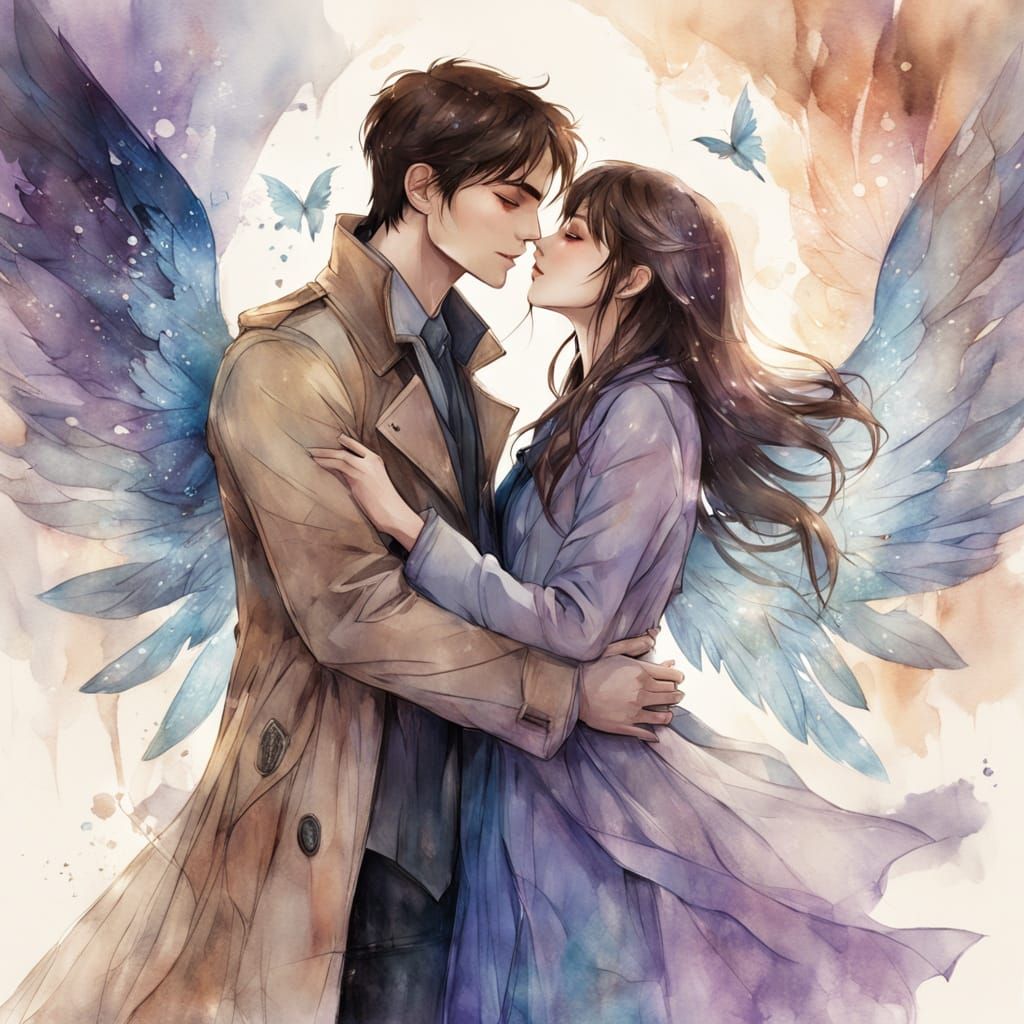 Teenage Boy Kissing a Winged Girl in Anime Style