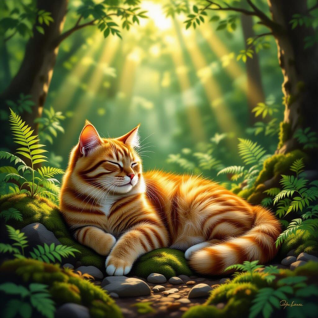 Ginger Tabby Cat in Sunlit Forest Clearing