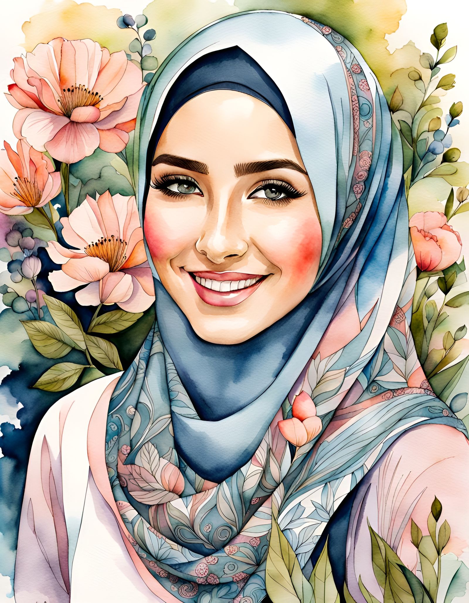 Beautiful Woman in Hijab, Watercolor Ink Drawing