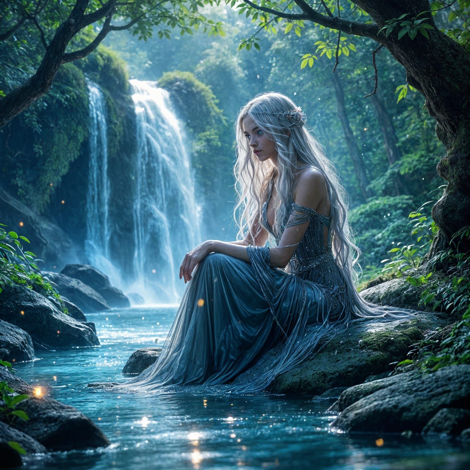 Enchanted Crystal Waterfall with Sorceress: Digital Painting