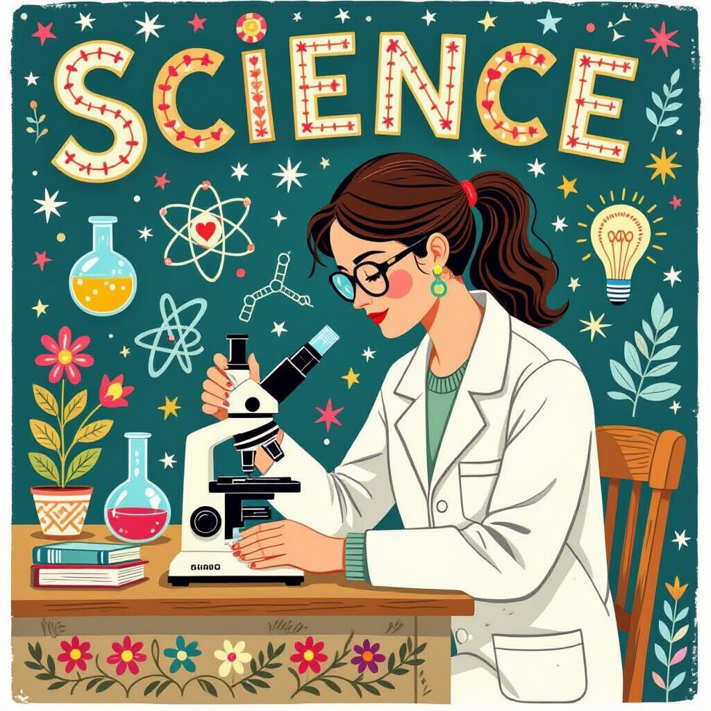 Whimsical Scientist in Textile Art Style