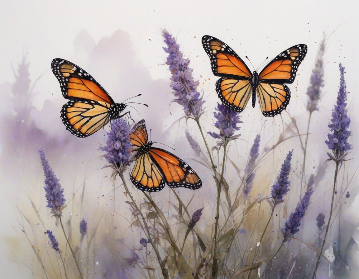 Monarch Butterflies in Misty Meadow, Watercolour