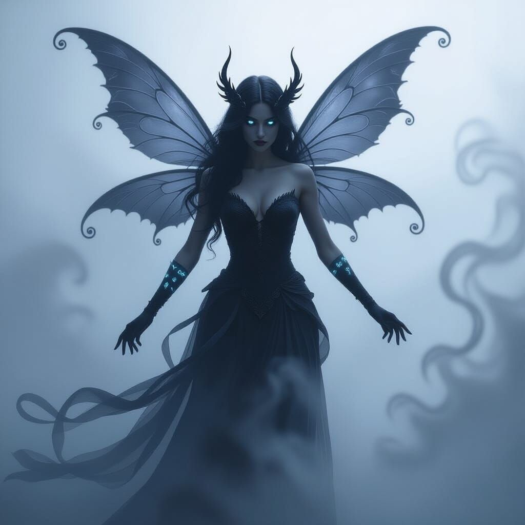 Shadow Fairy Emerges from Mist in Moody Cinematic Style