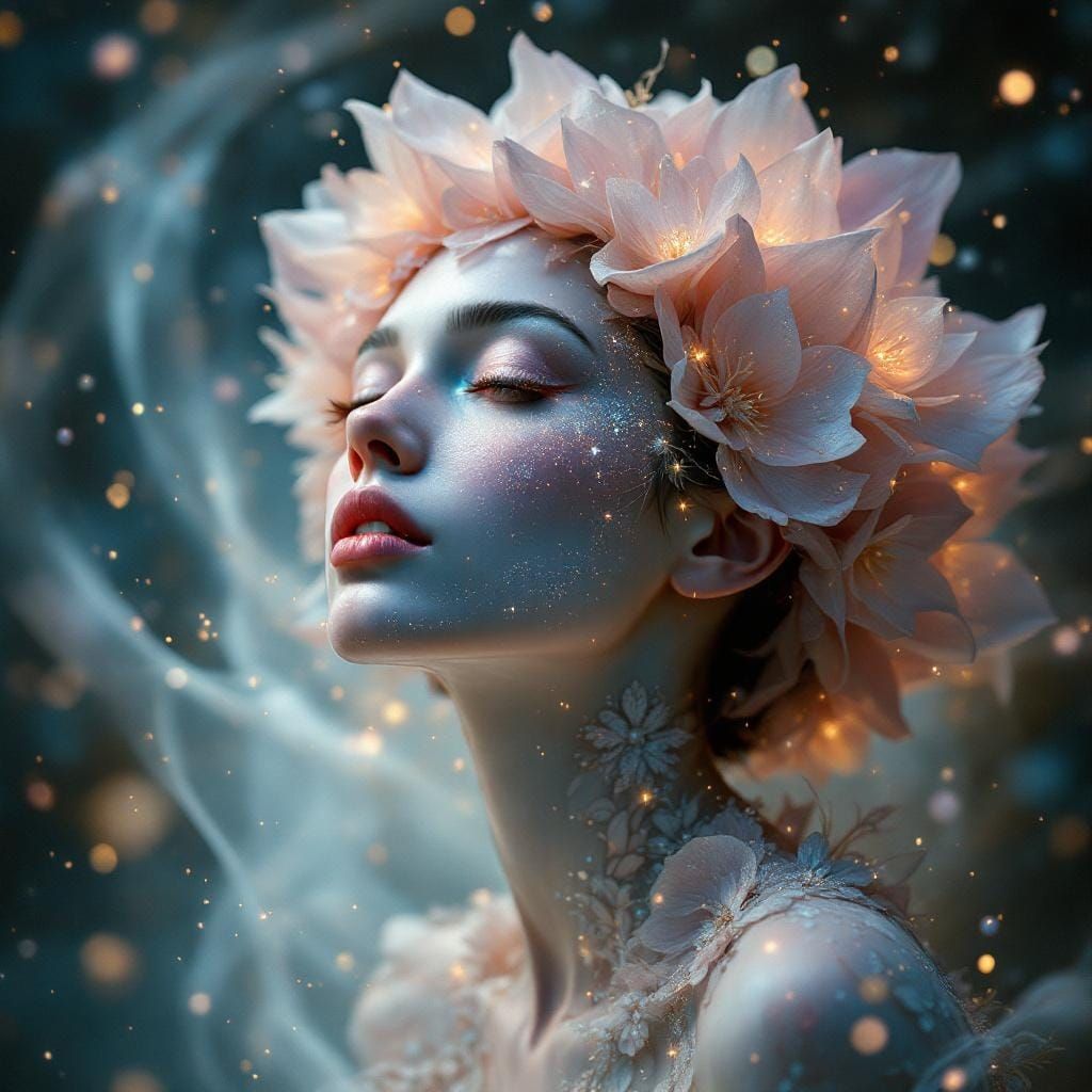 Ethereal Floral Woman in Nebula, Surreal Digital Art