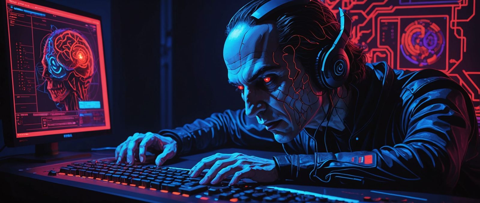 Vampire Sleeping with Brain-Computer Interface in Neon Room