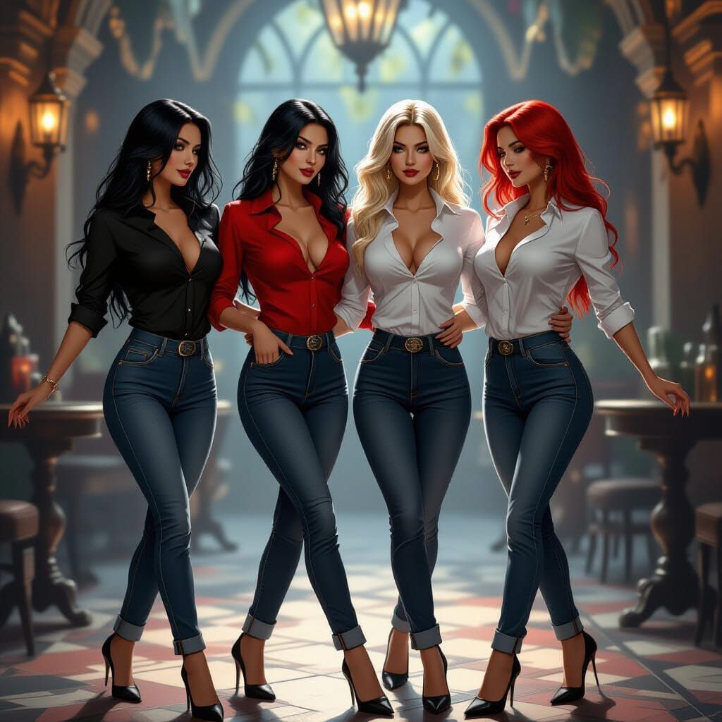 Vampire Women Dancing in Dimly Lit Setting