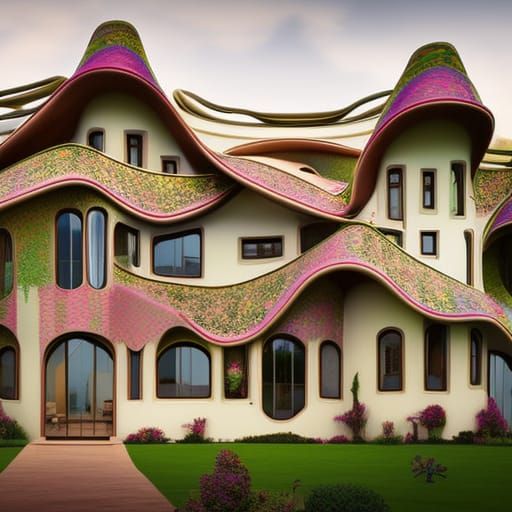 3 storey abstract home architecture house, abstract character, coloured, in large beautiful detailed landscaped garden g...