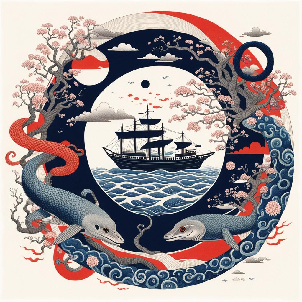 Retro-Style Bunbuku Chagama Ship with Ouroboros