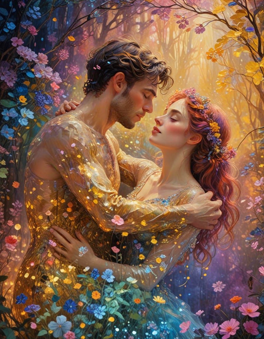 Fantasy Couple in Vibrant, Glowing Forest