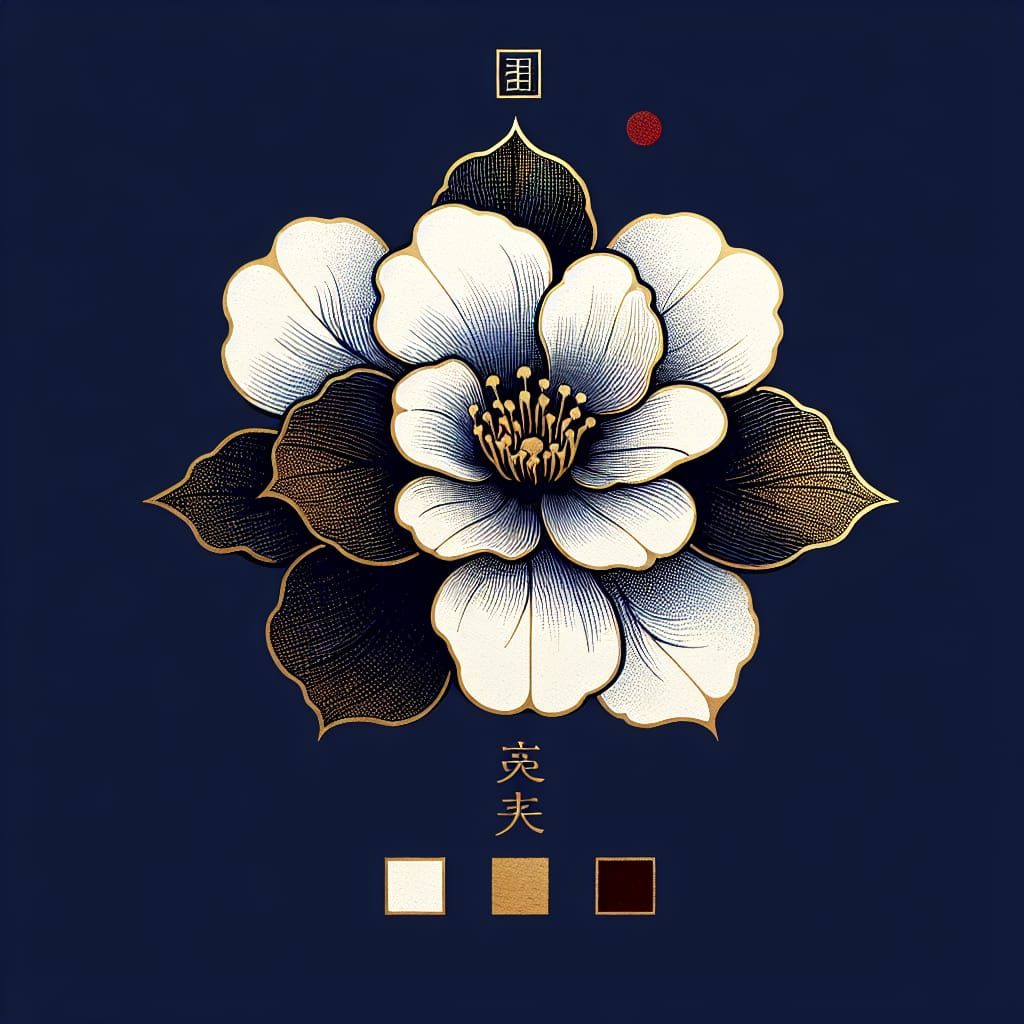 Minimalist Japanese Camellia Logo with Ink-Wash Petals