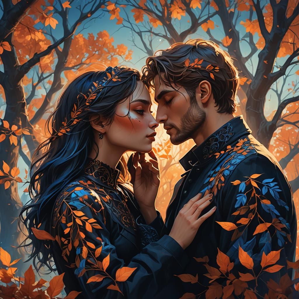 Lovers Kissing in Autumn: Digital Matte Painting