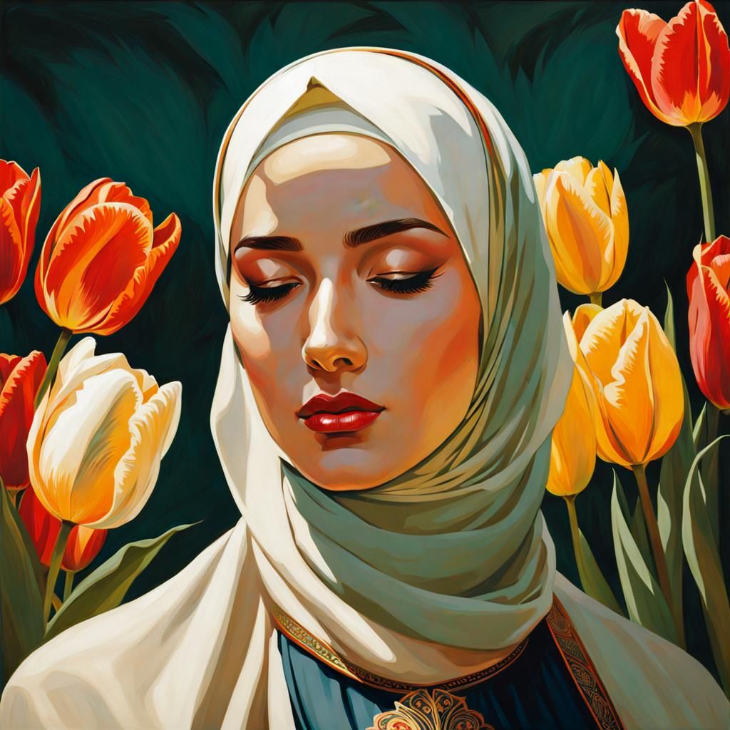 Beautiful Hijabi Woman Surrounded by Tulips in Art Nouveau S...