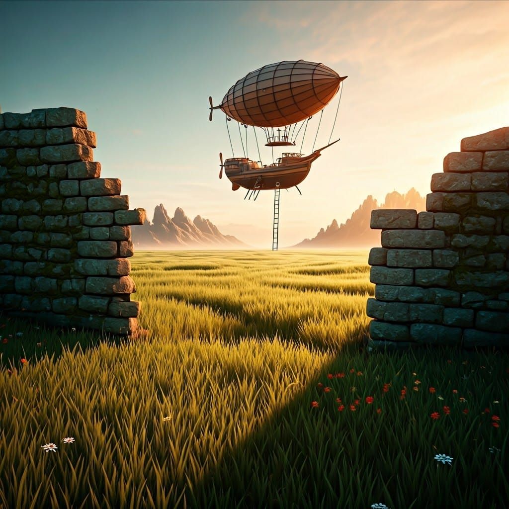 Fantasy World Border with Steampunk Airship