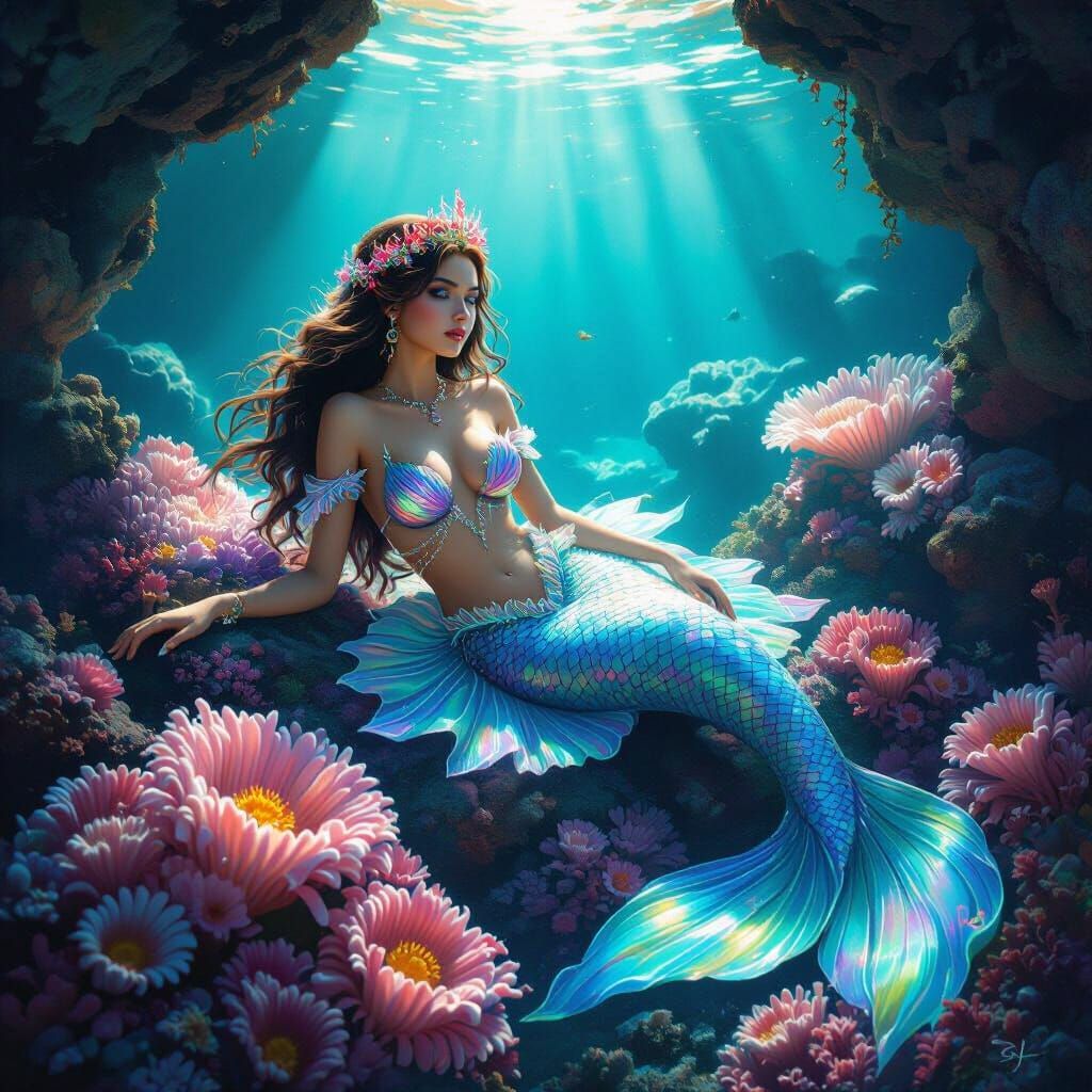 Bioluminescent Mermaid in Sunlit Grotto, Digital Art