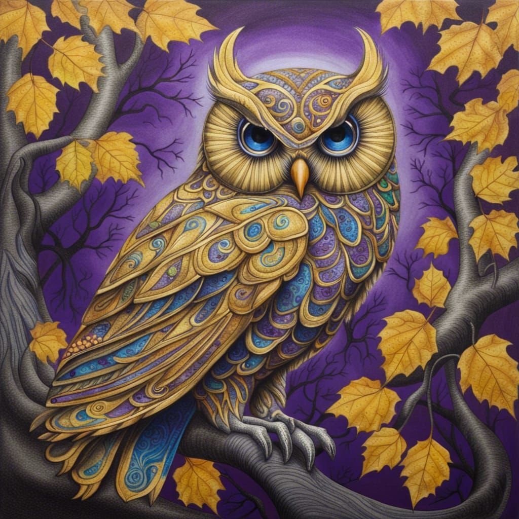 Gold Owl with Blue Swirls: Hyperdetailed Charcoal Drawing