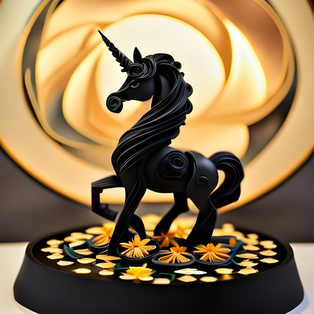 Intricate Paper Quilled Black Unicorn on Flowers