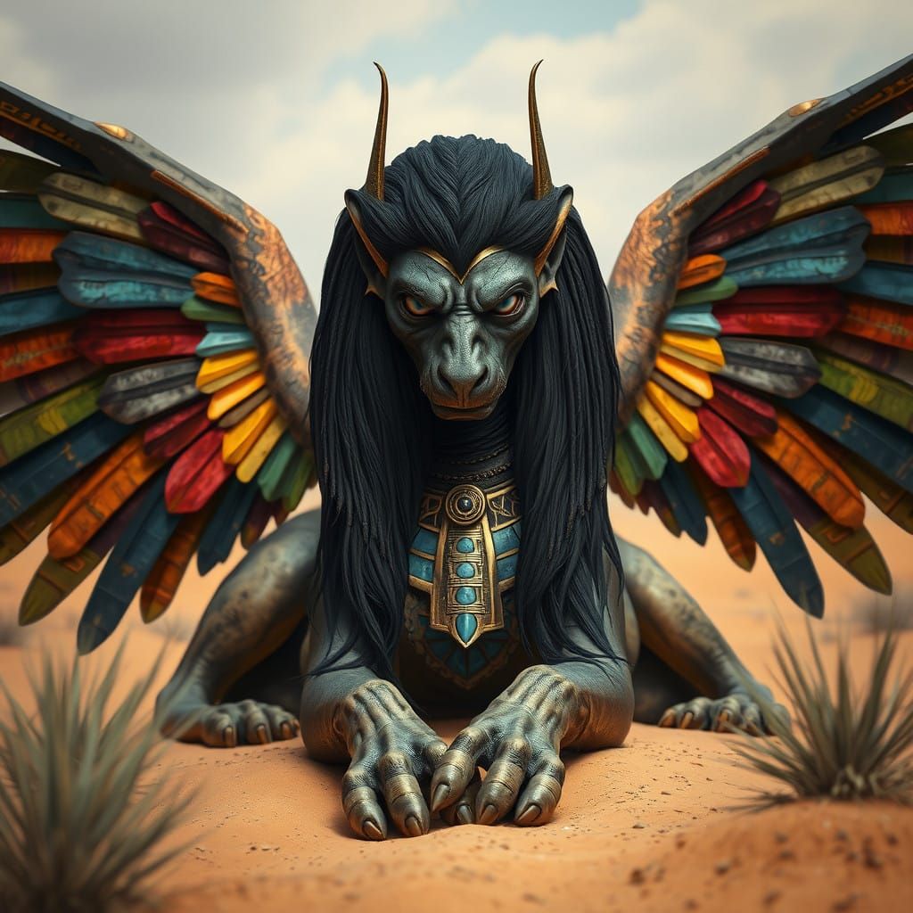 Greek Sphinx with Vibrant Wings and Fierce Eyes