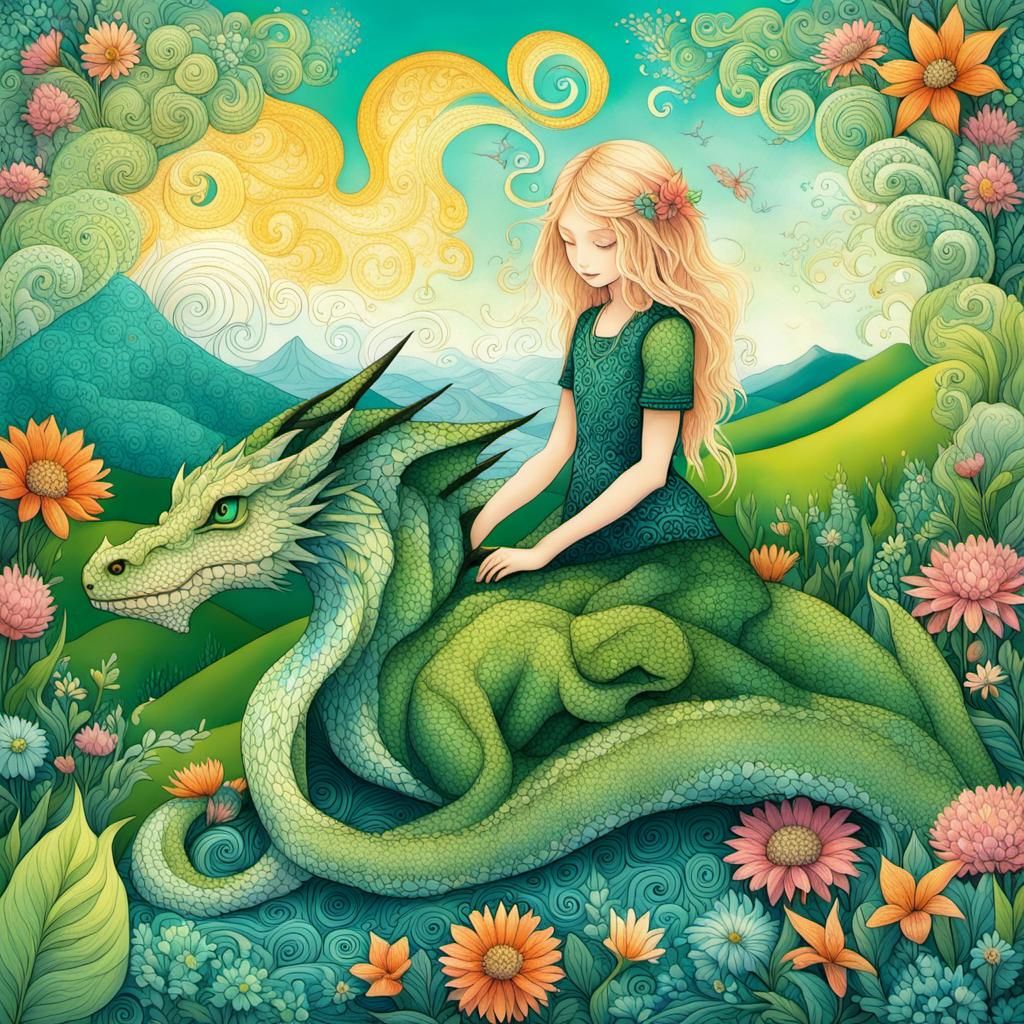 Girl and Dragon in Fractal Meadow: Digital Art
